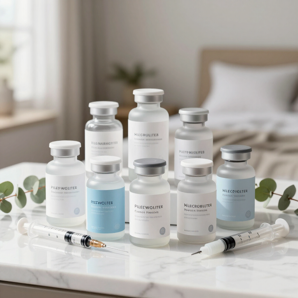 A set of skincare serum bottles on a marble table with syringes, in a soft-lit bedroom setting