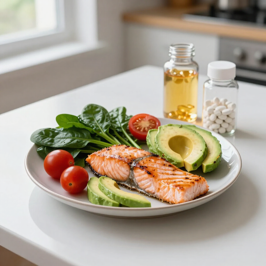 Grilled salmon with avocado, spinach, tomatoes, and supplements on a white plate in a bright kitchen