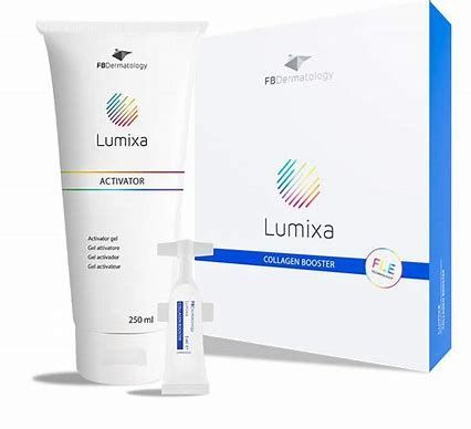 Lumixa collagen booster skincare set with white tube, box, and ampoule on white background