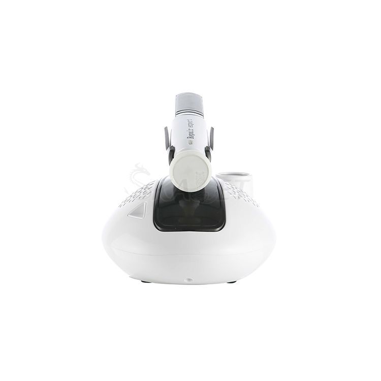 White robotic vacuum cleaner with a central camera/sensor, shown front view on a plain background