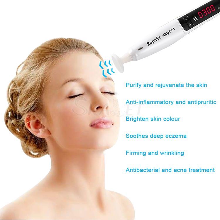 Woman receiving facial treatment with a handheld skin-care device and promotional text on whitening and acne benefits