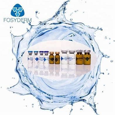 FOSYDERM skincare vials and bottles centered in a blue water splash graphic
