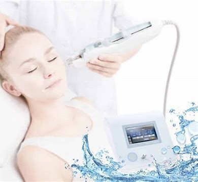 Facial skincare treatment with handheld device, woman reclined in a bright spa setting