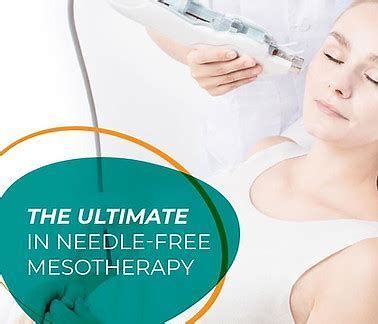 Promotional graphic for needle-free mesotherapy, showing a facial treatment device on a woman’s face
