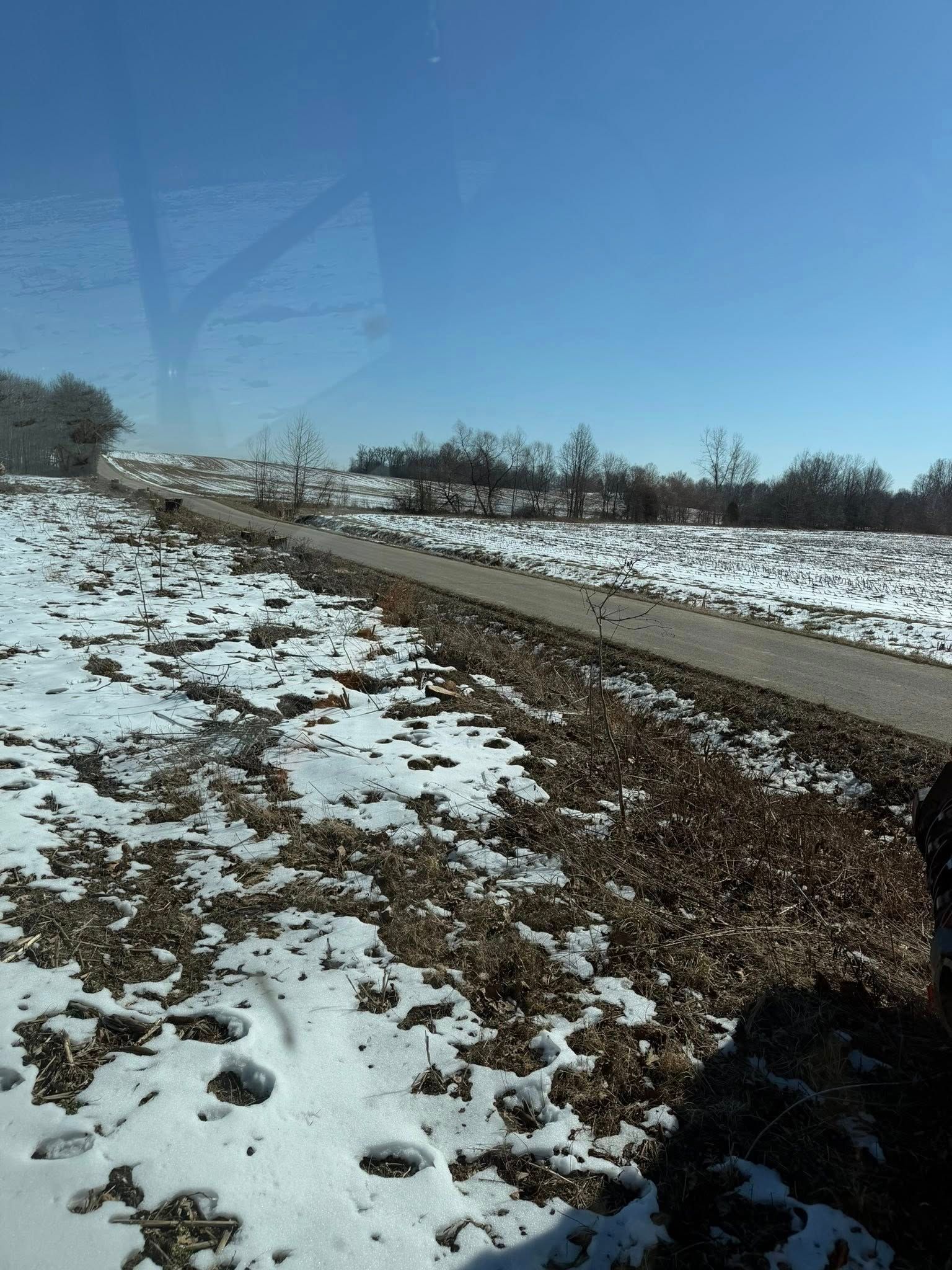 Snow-covered rural path under a clear blue sky, with fields and bare trees in the distance