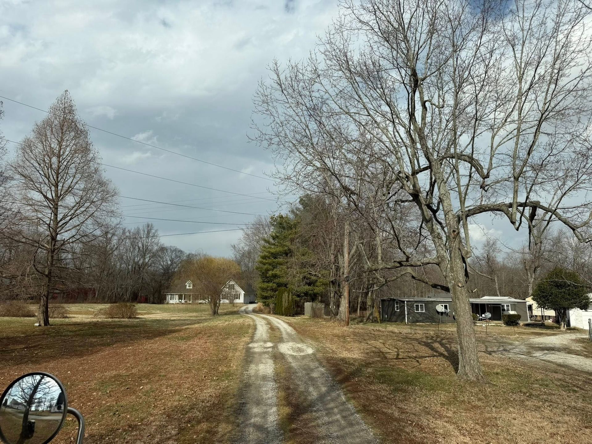 Gravel road through leafless trees in a rural park on a cloudy day