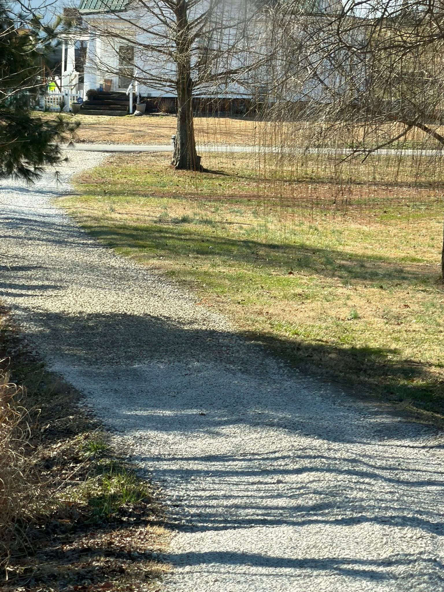 Winding gravel path through a grassy park with bare trees and houses in the distance