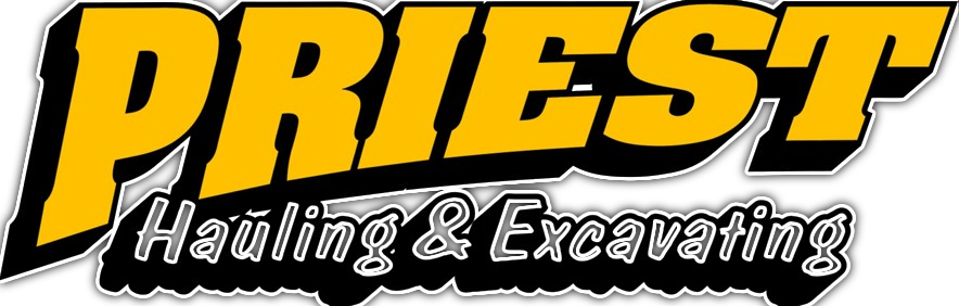 PRIÉST Heating & Excavating logo in orange and black with bold italic text