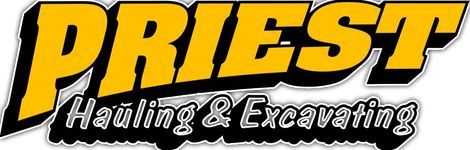 PRI&Eacute;ST Heating & Excavating logo in orange and black with bold italic text