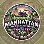 Manhattan Mowing & Landscaping logo: tractor mowing a green field; skyline background; flowers, trees, and stones.