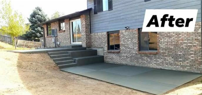 A before and after picture of a stamped concrete patio with concrete steps leading up to patio doors in the backyard of a house in Oshawa Durham Ontario.