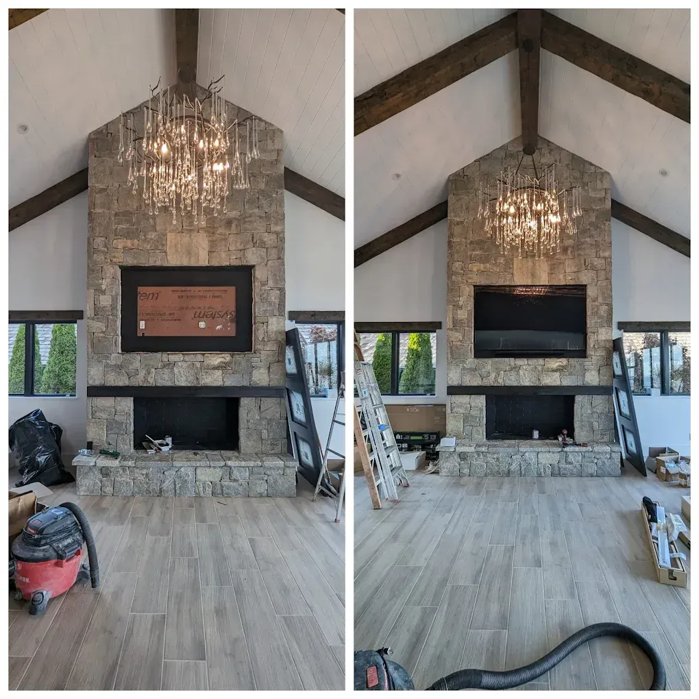 Two pictures of a living room with a fireplace and a chandelier.