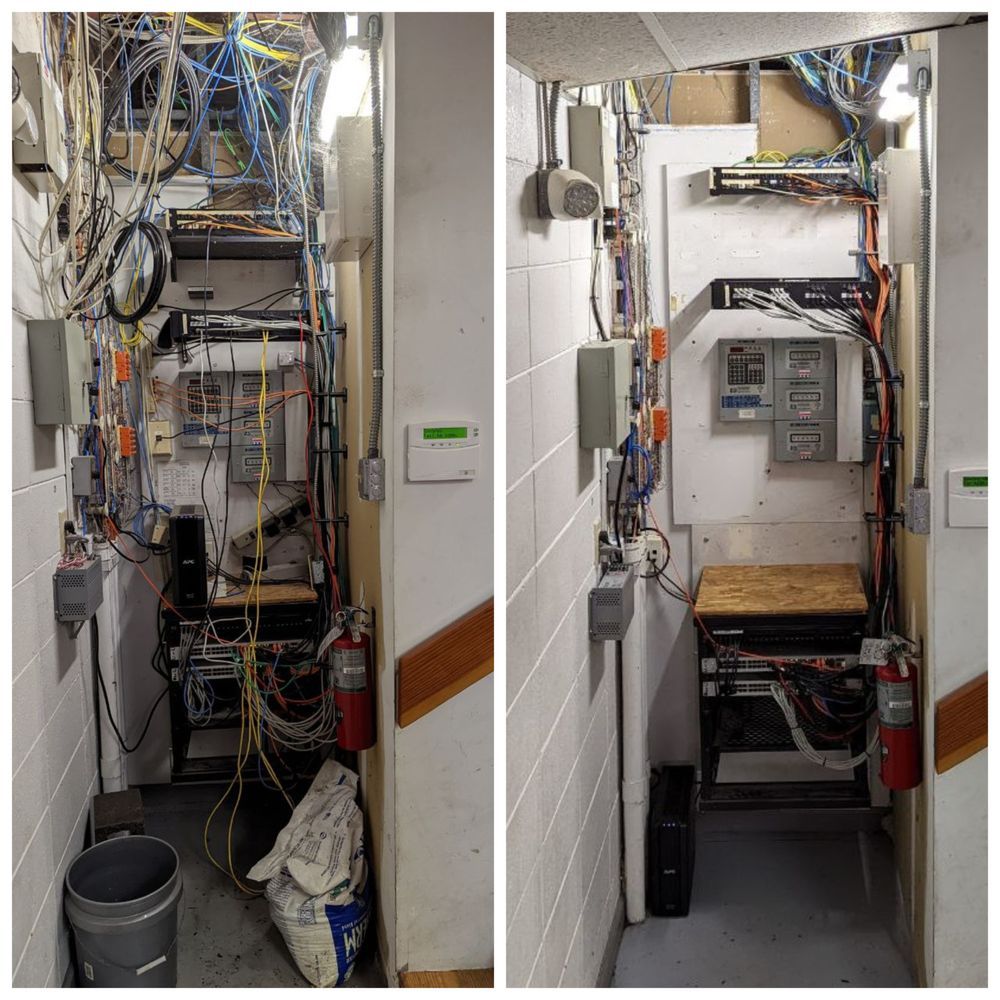 A before and after picture of a messy room with lots of wires