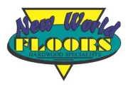New World Floors Hardwood Specialists logo in yellow, blue, and teal on a triangle backdrop