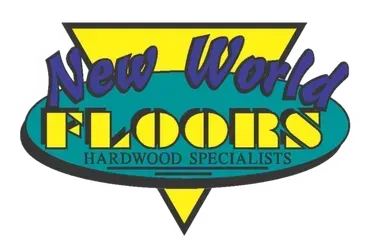 New World Floors Hardwood Specialists logo in yellow, blue, and teal on a triangle backdrop