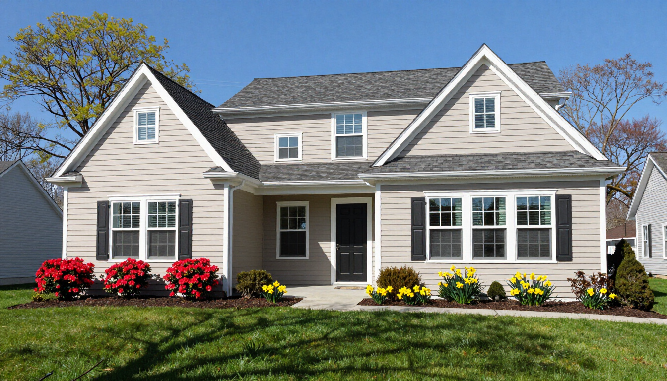 photorealistic modern well maintained suburban home exterior manicured lawn blooming flowers sunny day wheeling west virginia style