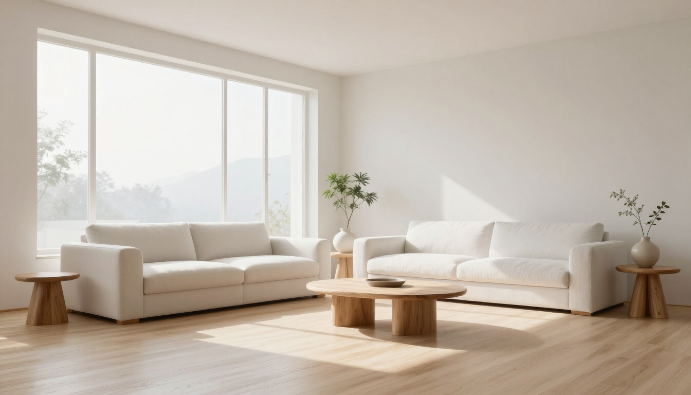 photorealistic bright airy living room minimalist decor neutral colors sunlight streaming through windows clean spacious
