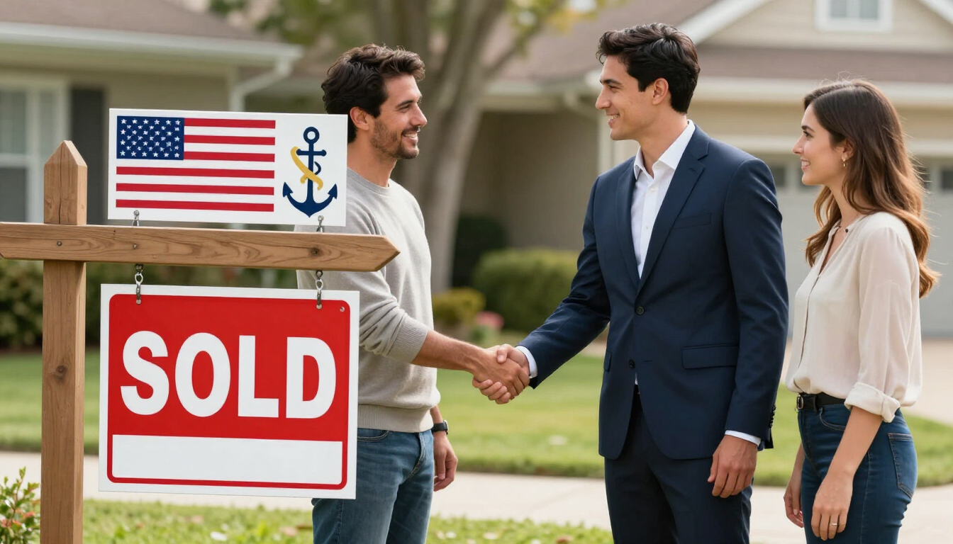 photorealistic friendly professional man shaking hands with couple in front of a sold sign navy veteran pride