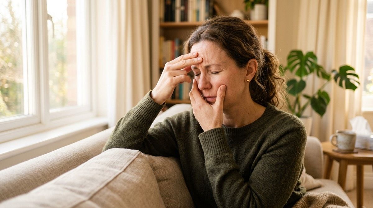 Woman with sinus headache, facial pressure — symptoms that upper cervical chiropractic care can help