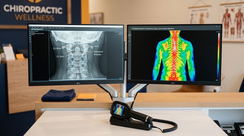 Upper cervical chiropractor reviewing a digital infrared spine scan and X-ray of the atlas.