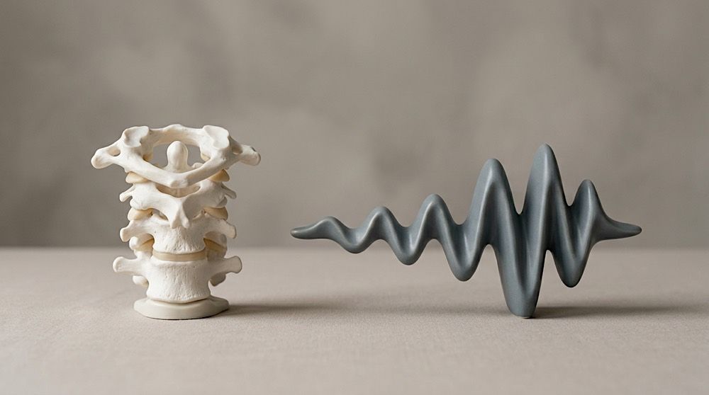 Spine model beside a sculpted sound wave whose ripples grow larger across a grey surface