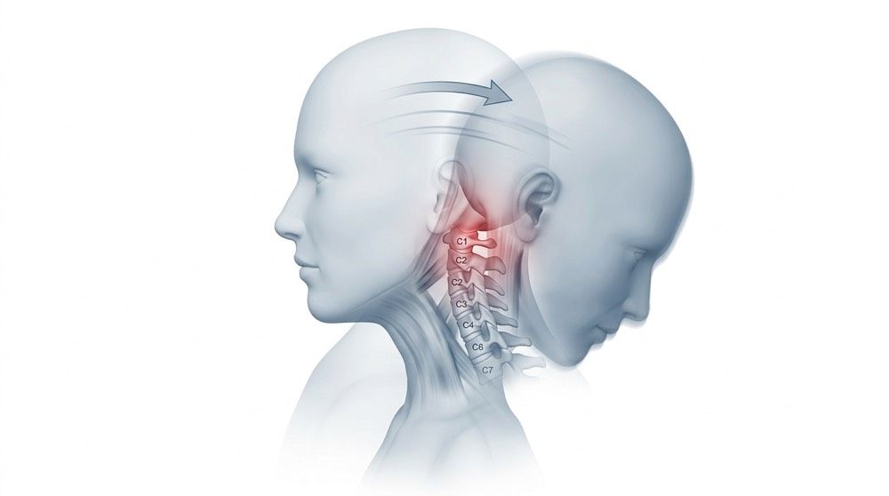 Illustration of whiplash motion showing the head and upper neck forced beyond normal range 