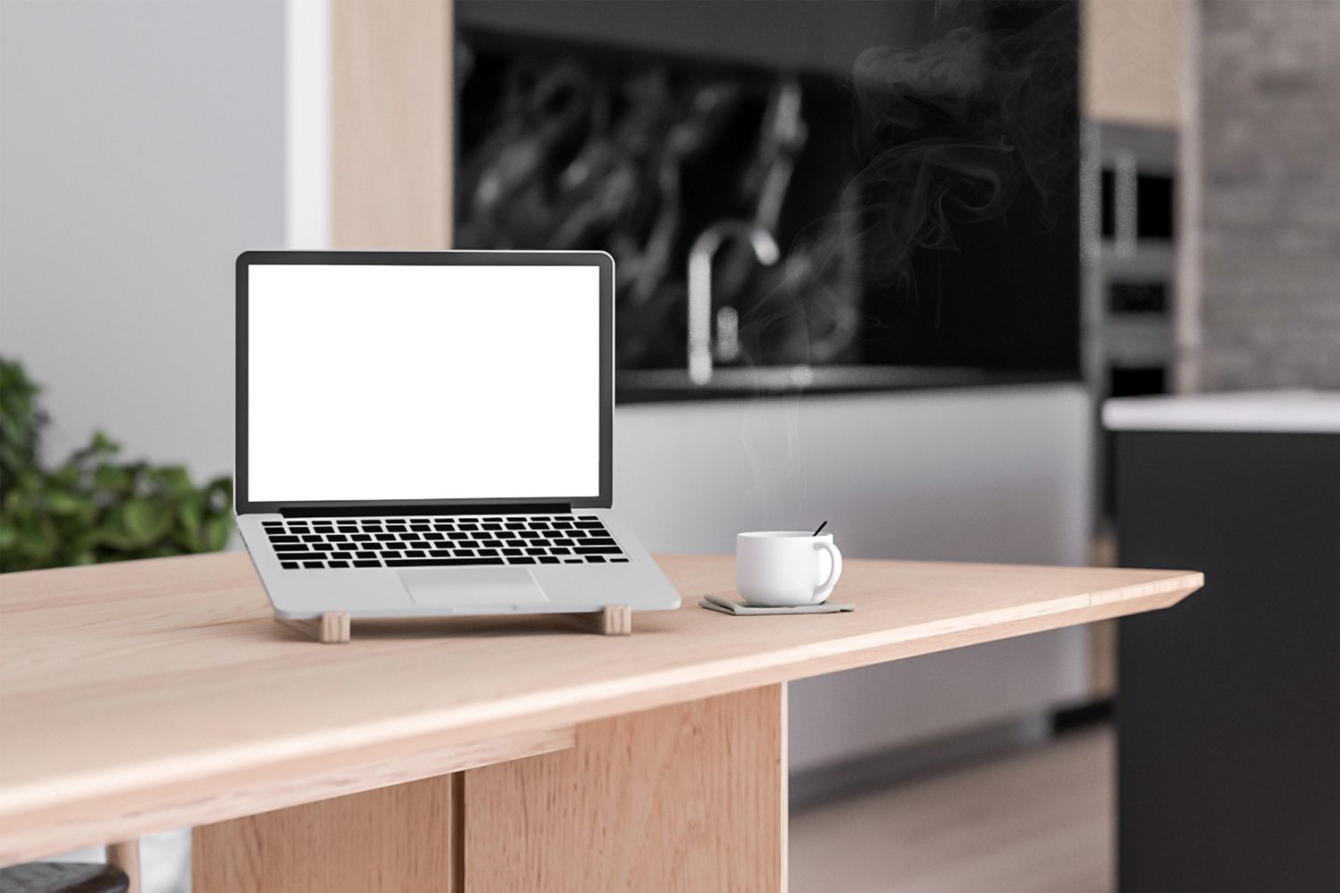 Laptop on a wooden table in a kitchen with a cup of coffee.