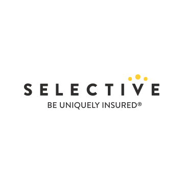 Logo for Selective insurance company, black text with gold dots, tagline