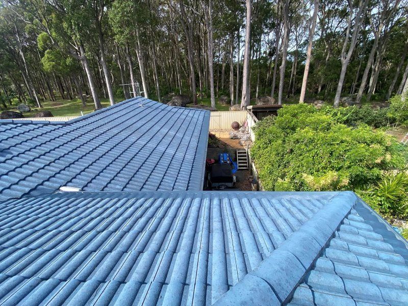 An Aerial View Of A Blue Tiled Roof With Trees In The Background — The Guttering Cleaning Man in Pacific Palms, NSW
