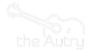 White outline of acoustic guitar above text "the Autry".