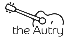 Logo: Black outline of a guitar with