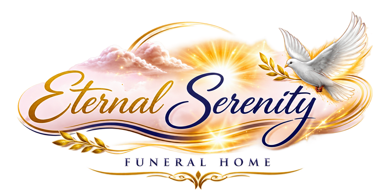 Eternal Serenity Funeral Home logo with golden script and a white dove over a soft sunrise background