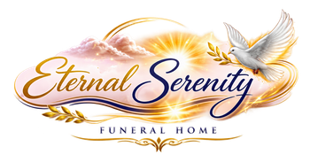 Eternal Serenity Funeral Home logo with golden script and a white dove over a soft sunrise background