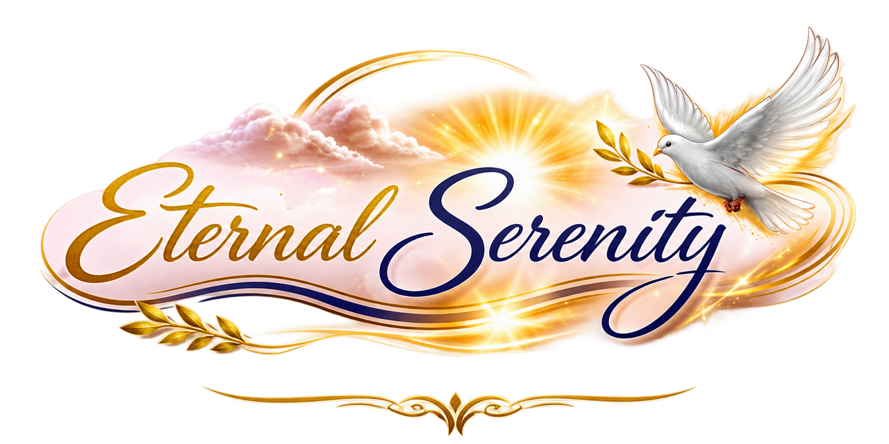 “Eternal Serenity” logo in gold and purple with a white dove and glowing swirl.