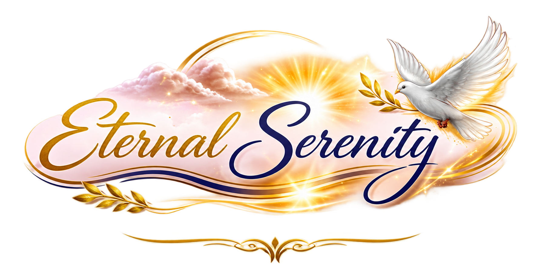 “Eternal Serenity” logo in gold and purple with a white dove and glowing swirl.