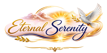 “Eternal Serenity” logo in gold and purple with a white dove and glowing swirl.