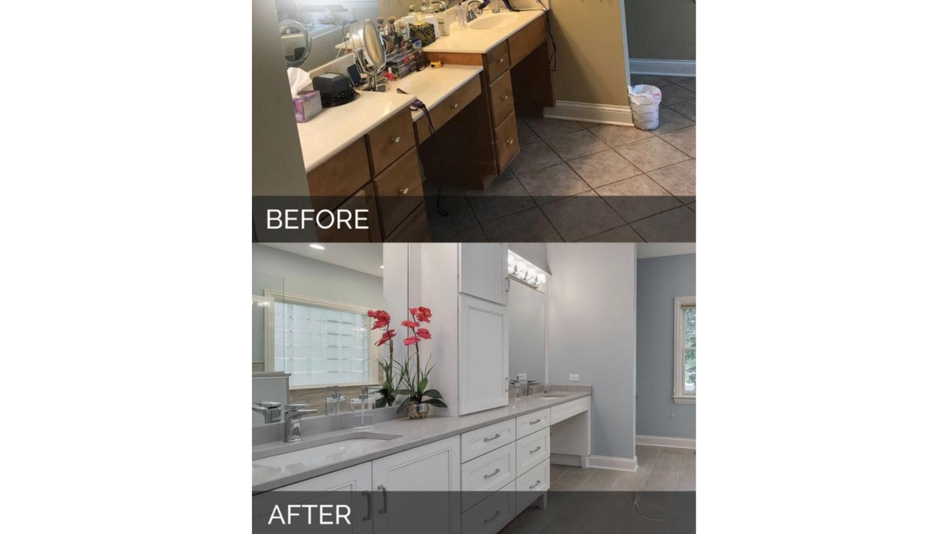 Before and after: A bathroom vanity renovation transitioning from dated oak cabinets to a modern white cabinet design.