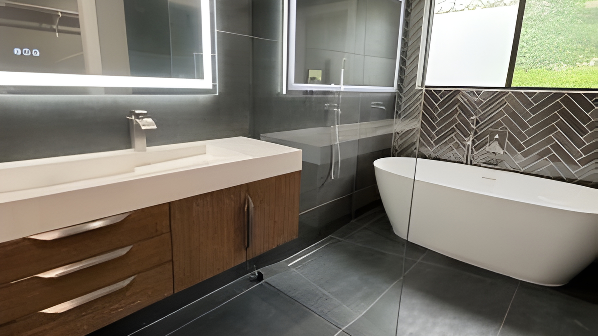 Modern marble bathroom with round illuminated mirror, floating vanity, and walk-in shower.