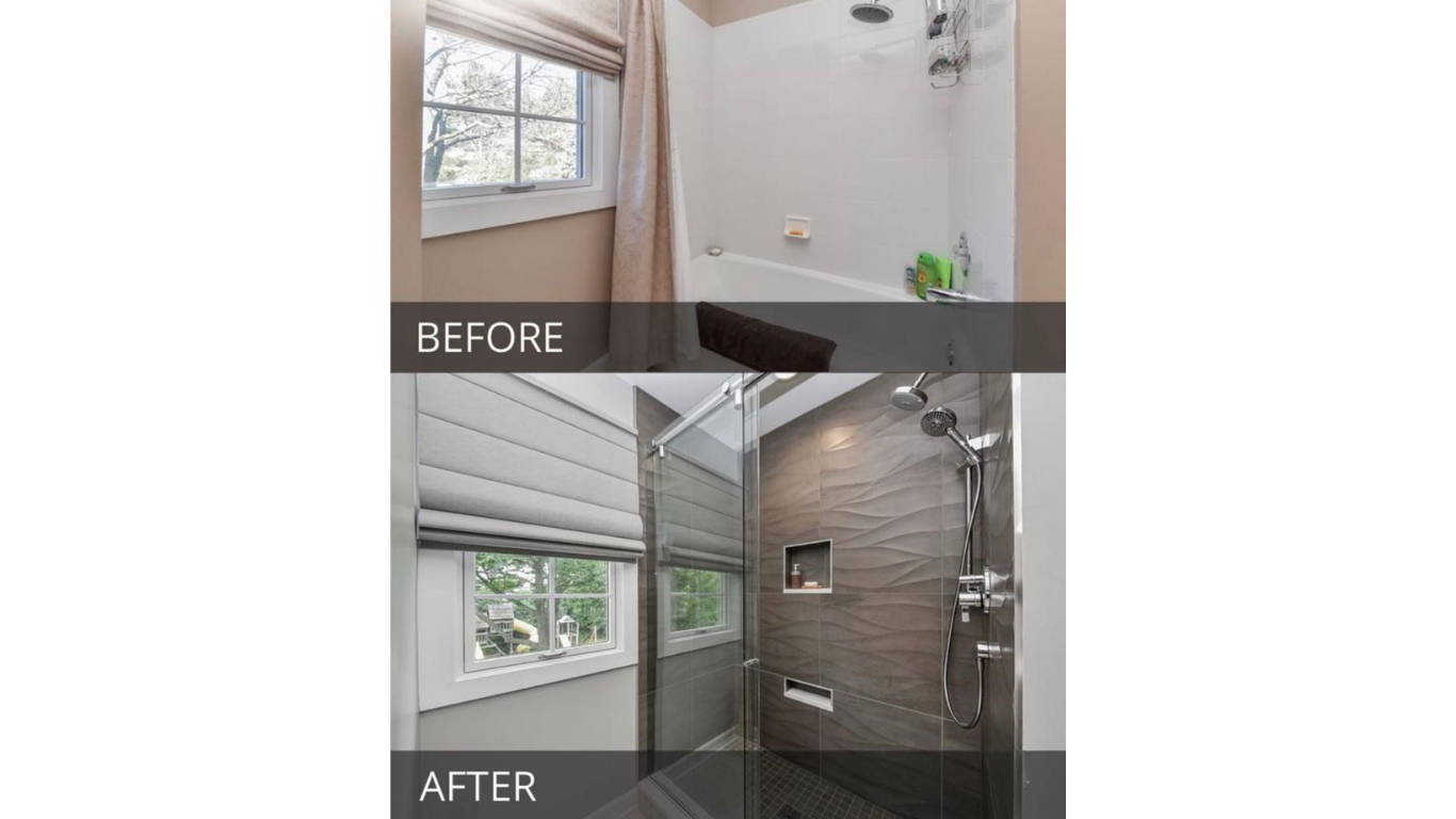 Before and after photos of a bathroom renovation featuring a new glass-enclosed shower with dark, textured tile walls.