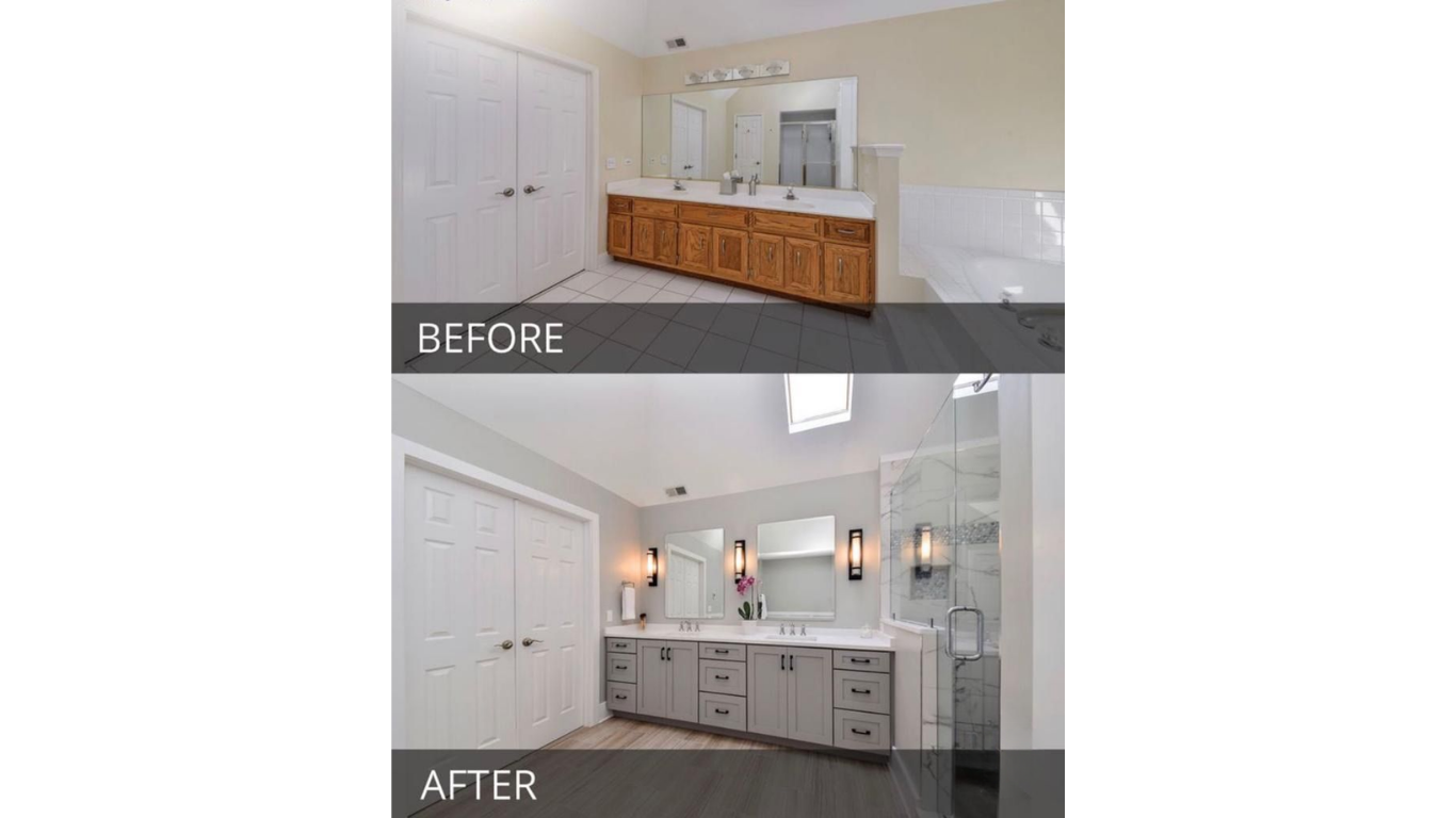 A before and after comparison of a bathroom renovation featuring updated grey cabinetry, new lighting, and mirrors.