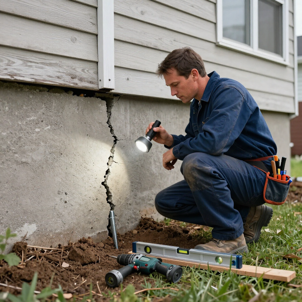 Worker inspecting a cracked house foundation with a flashlight and tools on the ground.