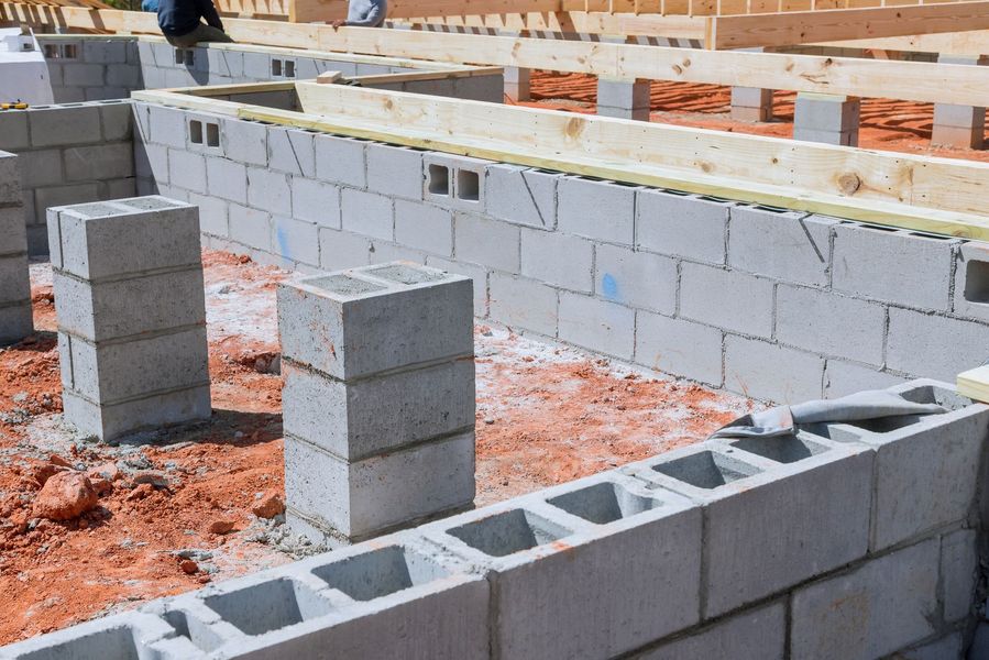 Foundation of a building under construction with concrete blocks and wooden beams.