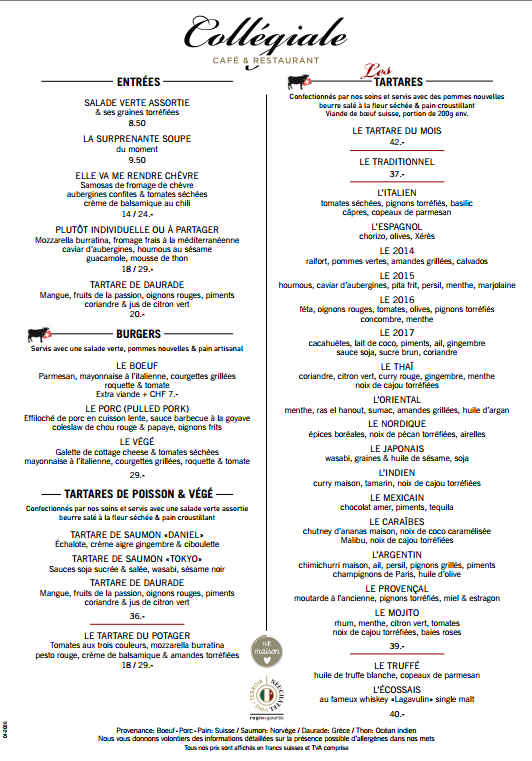 menu café restaurant la collégiale