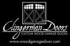 Clingerman Doors logo with garage door graphic and website address on black background