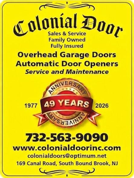 Colonial Door yellow business sign with services, 49 years badge, phone number, website, and address