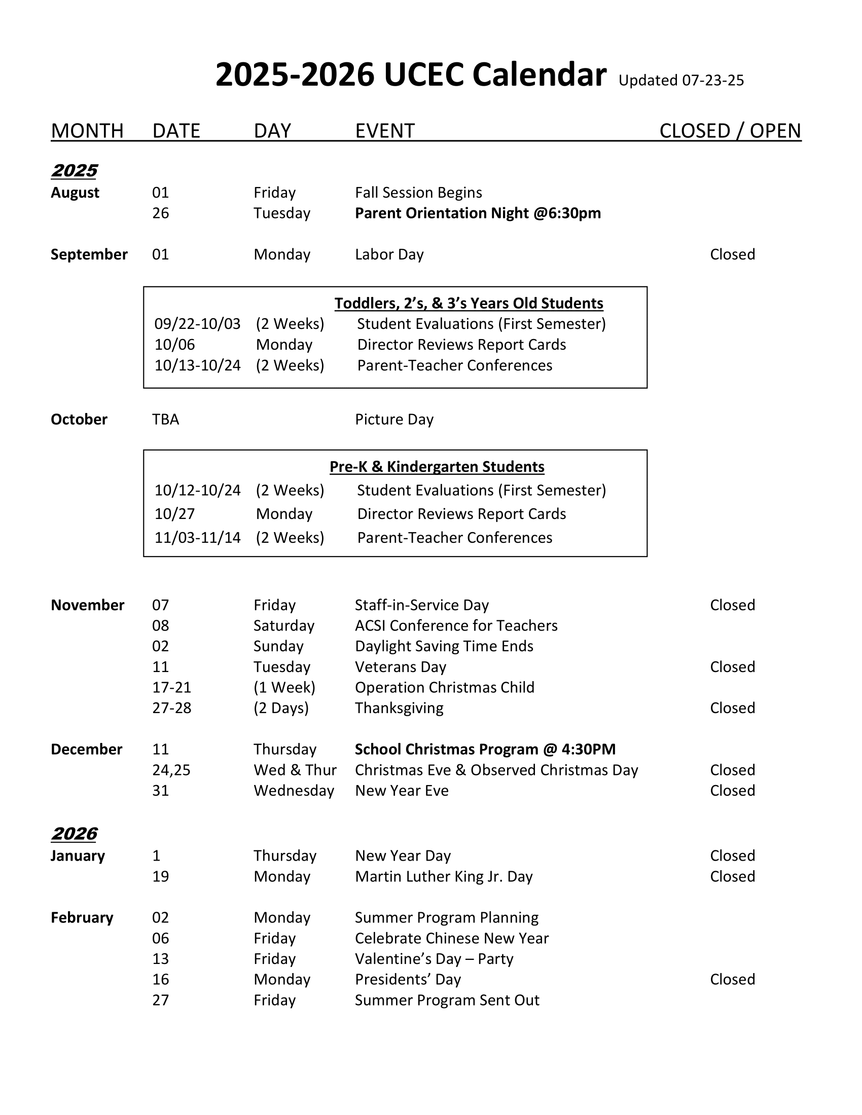 preschool calendar