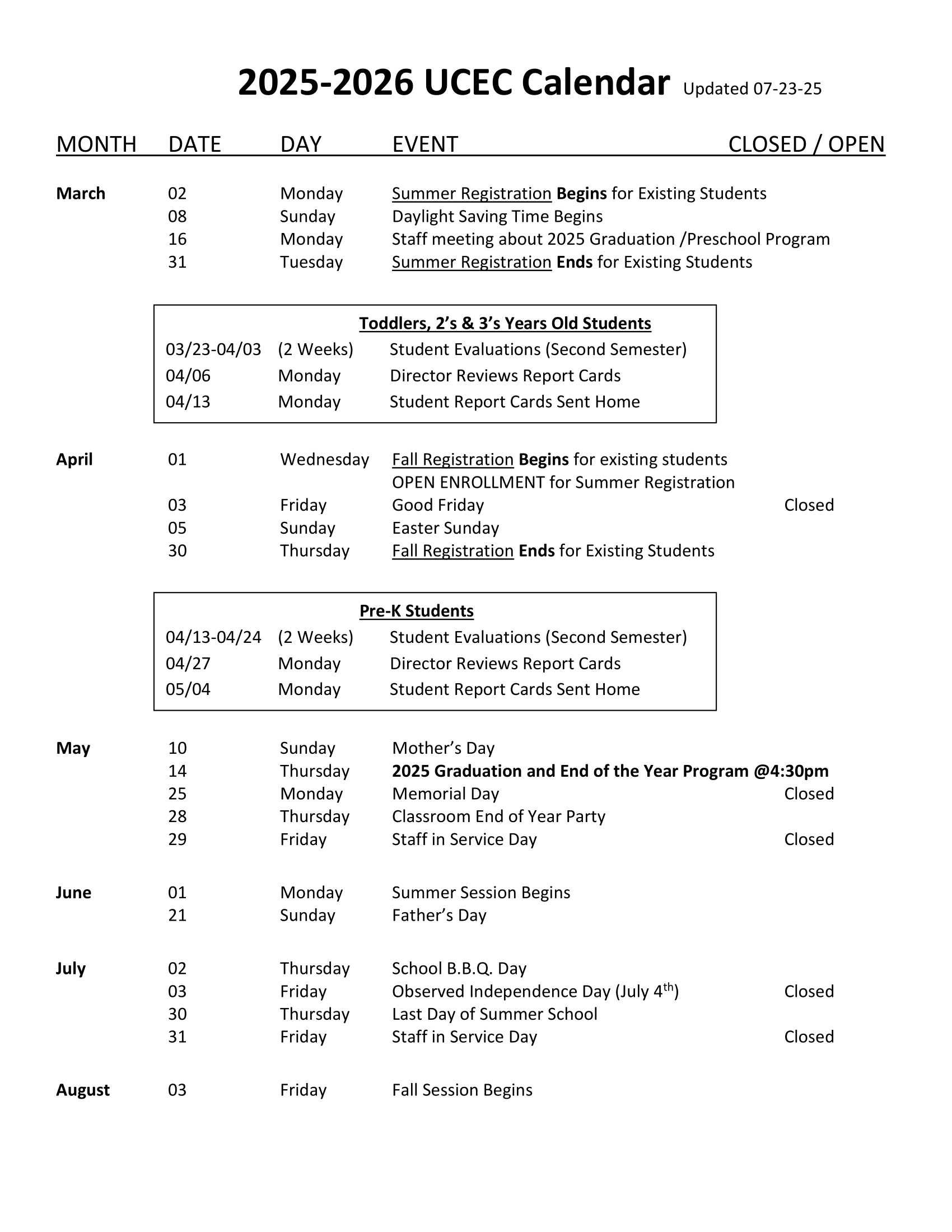 preschool calendar
