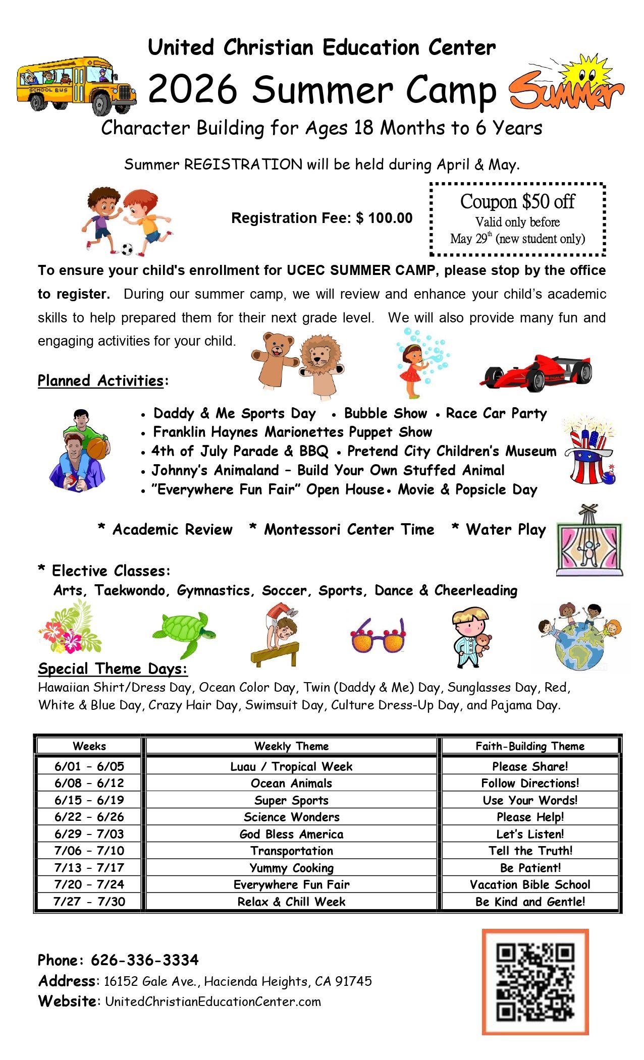 2024 Summer Camp flyer for the United Christian Education Center. Features dates, activities, and theme days.