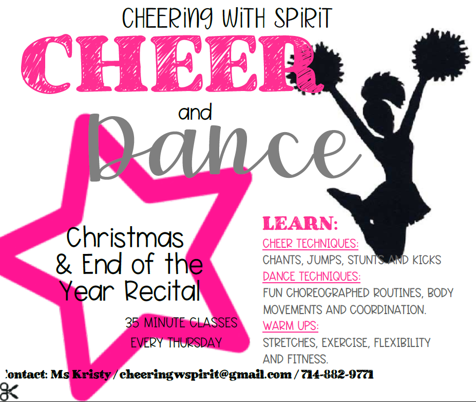 Cheer and dance recital flyer. Pink and gray text on white. Silhouette of cheerleader jumping with pom-poms.