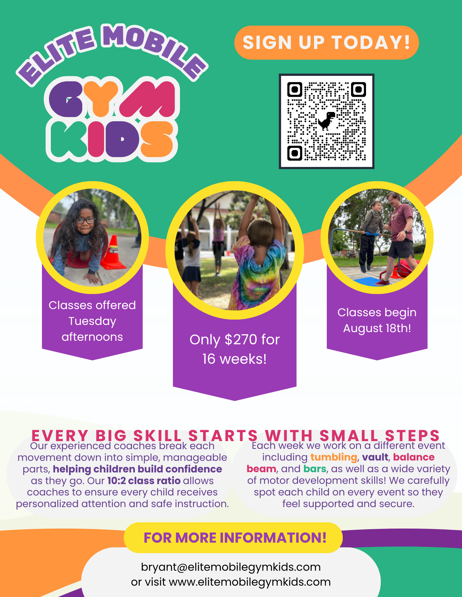 Flyer for Elite Mobile Gymkids classes. Three kids playing, $270 for 16 weeks, new events each week.
